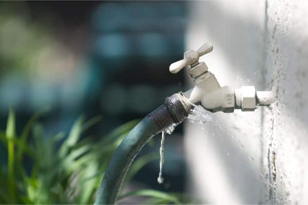 Water Spigot With A Green Hose Springs A Leak